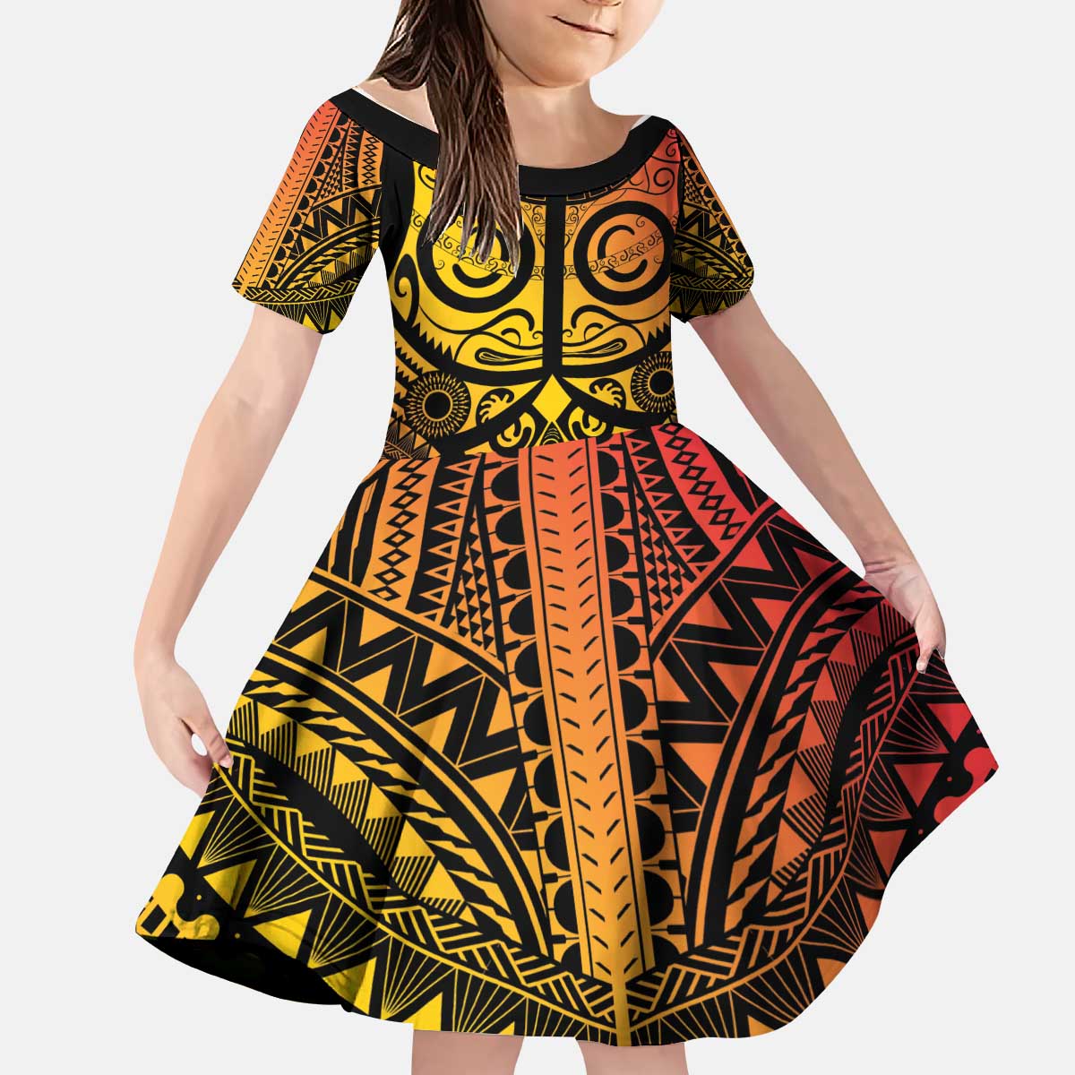 Marquesas Islands Kid Short Sleeve Dress Marquesan Tattoo Yellow Gradient LT14 KID Yellow - Polynesian Pride