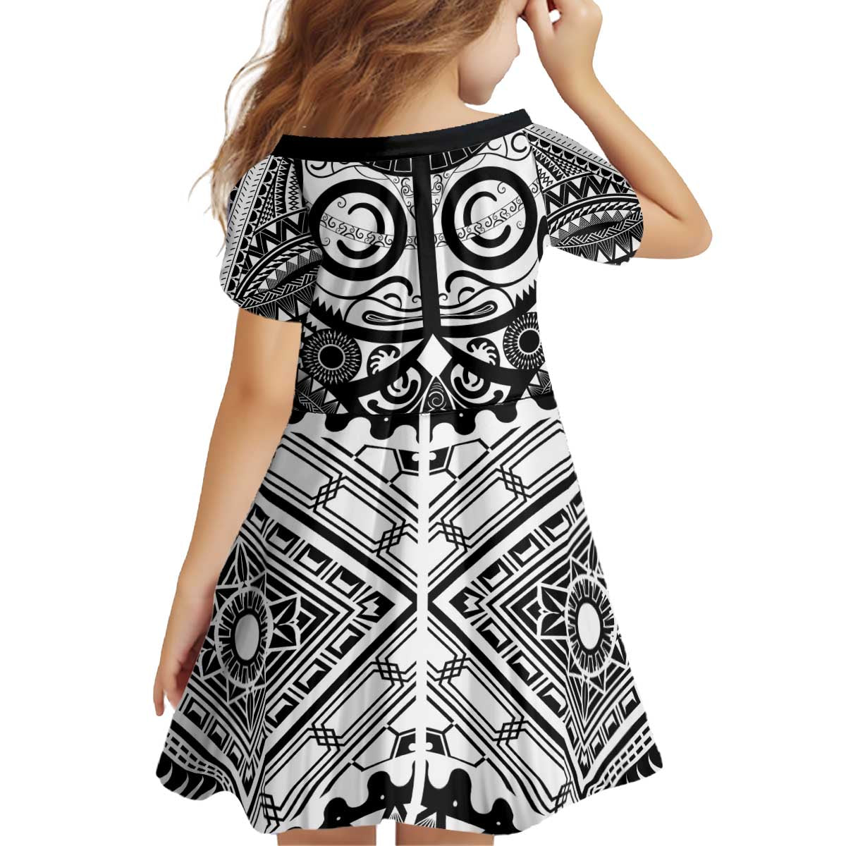 Marquesas Islands Kid Short Sleeve Dress Marquesan Tattoo Black White Color LT14 - Polynesian Pride