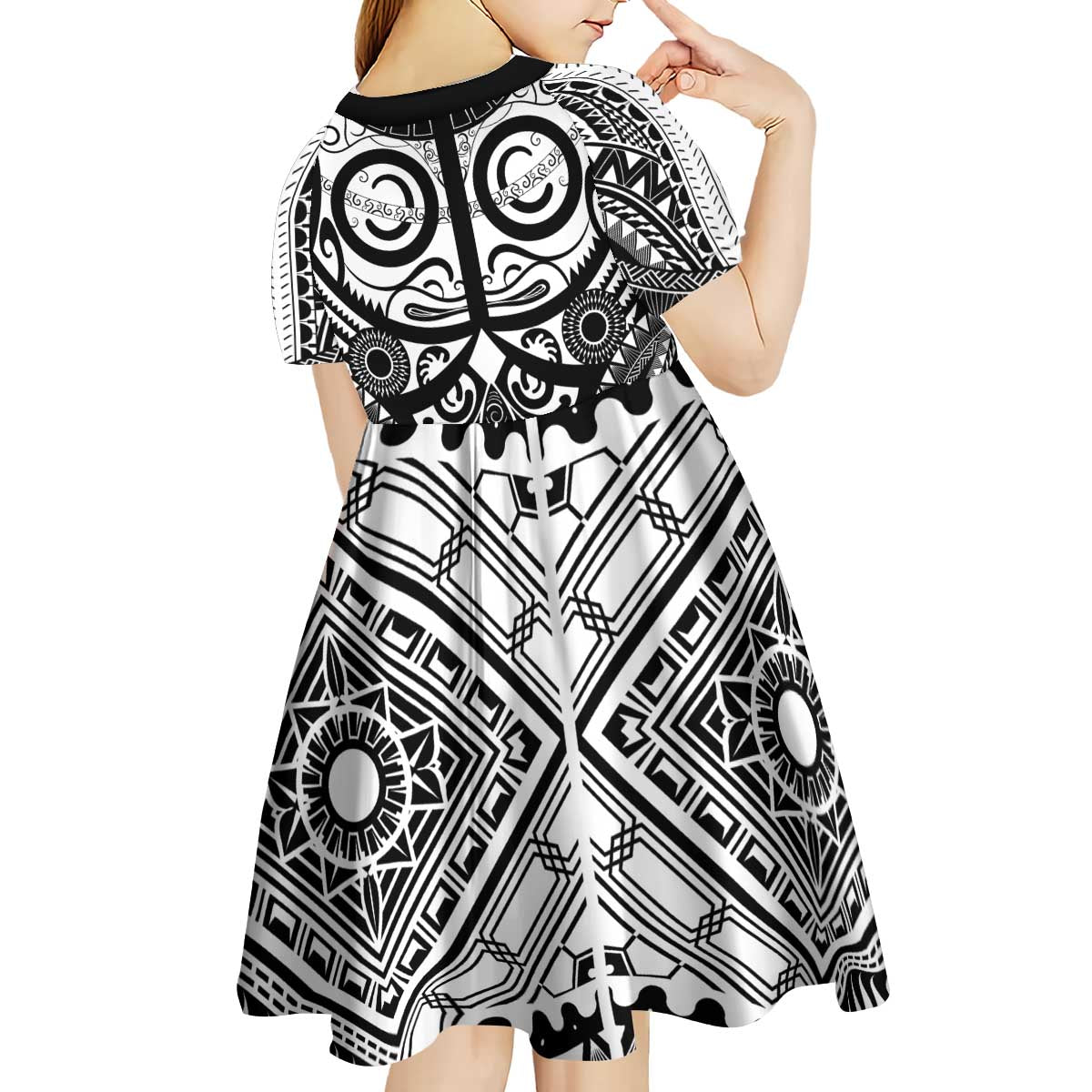 Marquesas Islands Kid Short Sleeve Dress Marquesan Tattoo Black White Color LT14 - Polynesian Pride