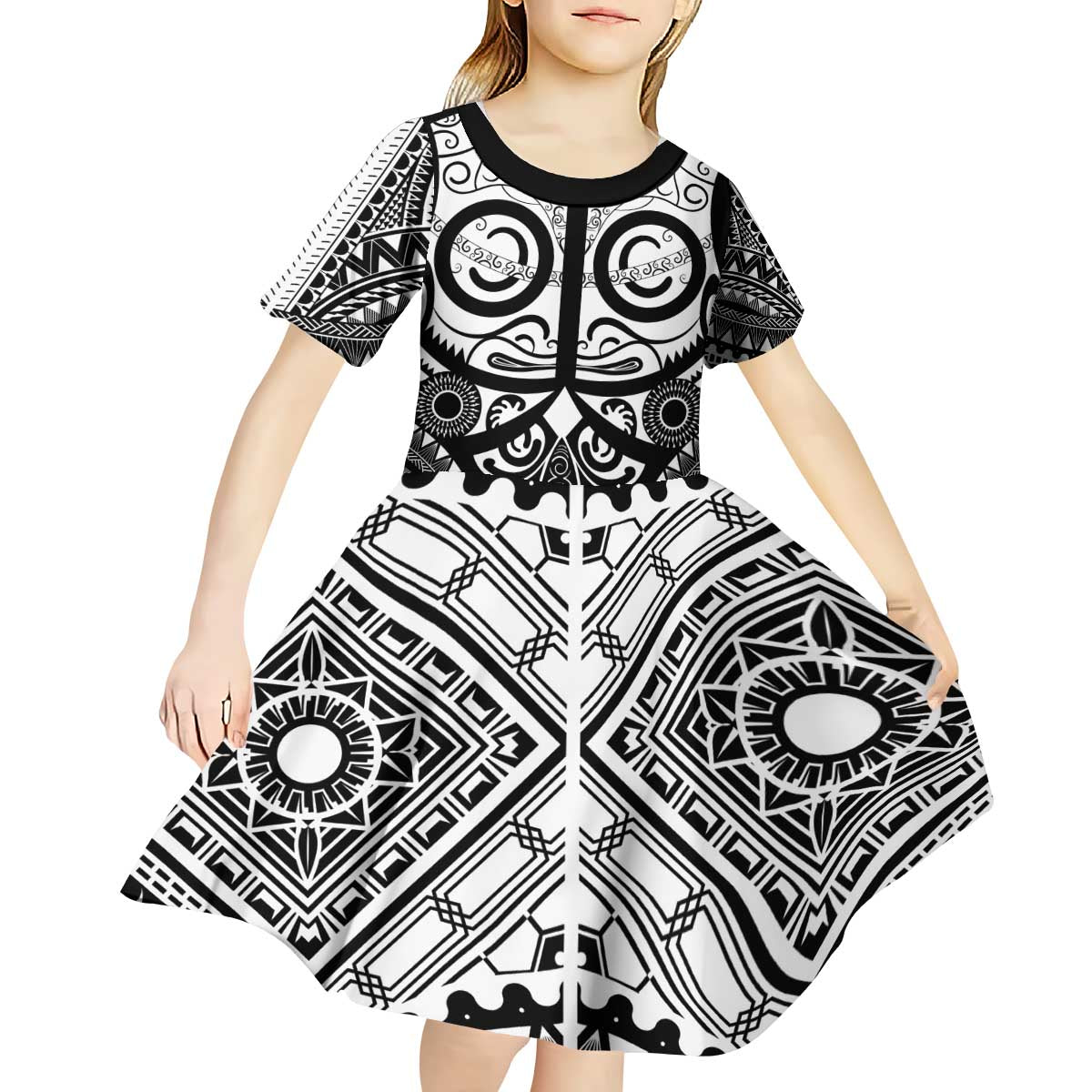 Marquesas Islands Kid Short Sleeve Dress Marquesan Tattoo Black White Color LT14 - Polynesian Pride