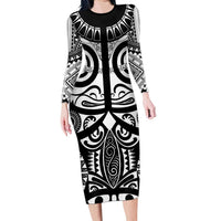 Marquesas Islands Long Sleeve Bodycon Dress Marquesan Tattoo Black White Color LT14 Long Dress Black - Polynesian Pride