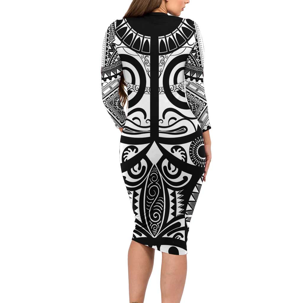 Marquesas Islands Long Sleeve Bodycon Dress Marquesan Tattoo Black White Color LT14 - Polynesian Pride