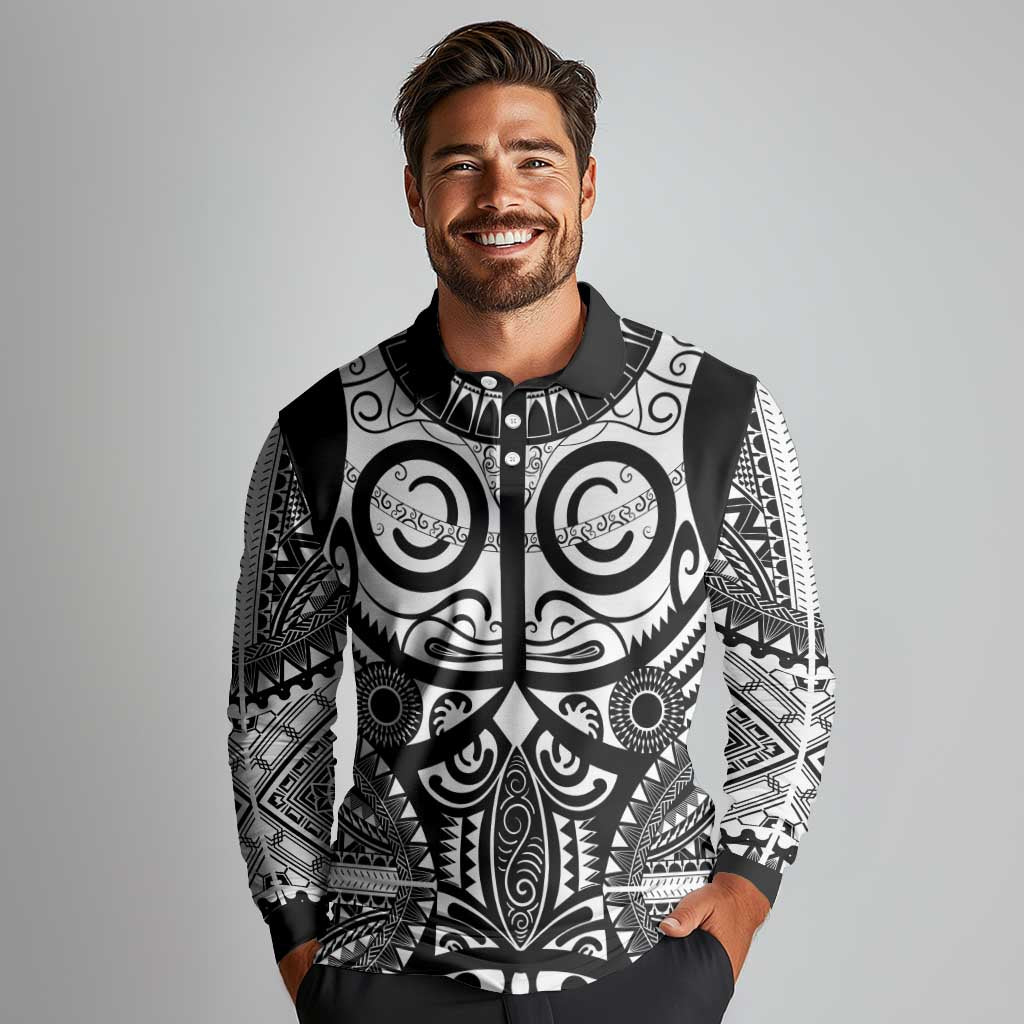 Marquesas Islands Long Sleeve Polo Shirt Marquesan Tattoo Black White Color LT14 - Polynesian Pride