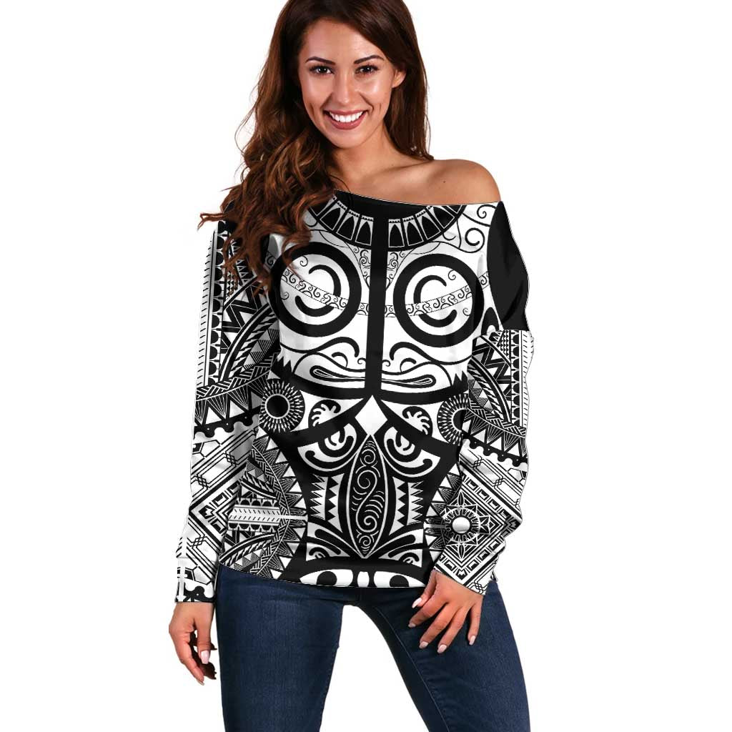 Marquesas Islands Off Shoulder Sweater Marquesan Tattoo Black White Color LT14 Women Black - Polynesian Pride