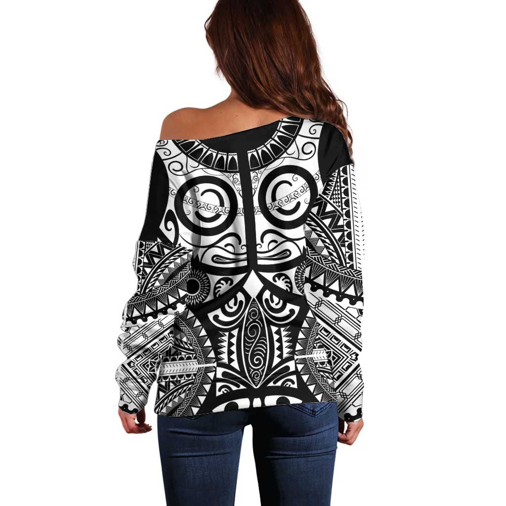 Marquesas Islands Off Shoulder Sweater Marquesan Tattoo Black White Color LT14 - Polynesian Pride