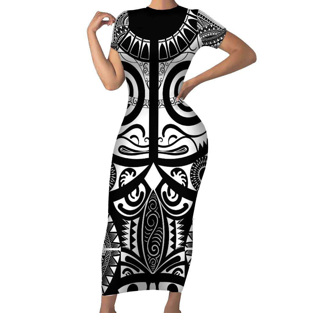 Marquesas Islands Short Sleeve Bodycon Dress Marquesan Tattoo Black White Color LT14 Long Dress Black - Polynesian Pride