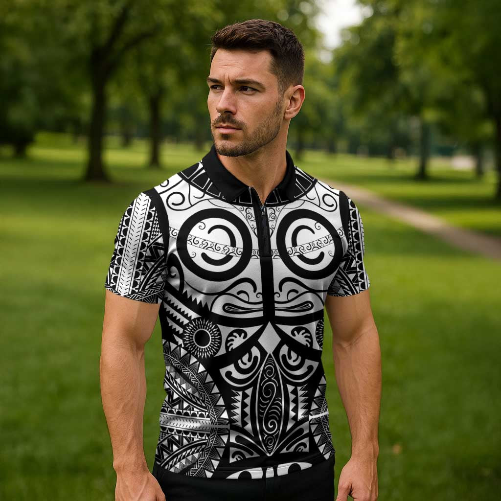 Marquesas Islands Zipper Polo Shirt Marquesan Tattoo Black White Color LT14 - Polynesian Pride