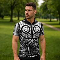 Marquesas Islands Zipper Polo Shirt Marquesan Tattoo Black White Color LT14 - Polynesian Pride