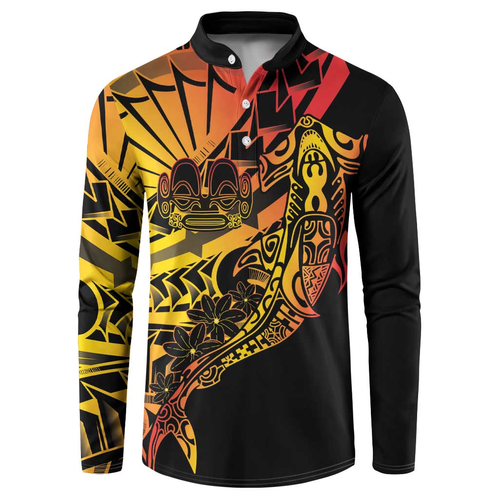Gradient Marquesas Islands Button Sweatshirt Marquesan Matatiki Hammerhead Shark Patutiki LT14 Yellow - Polynesian Pride