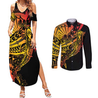 Gradient Marquesas Islands Couples Matching Summer Maxi Dress and Long Sleeve Button Shirt Marquesan Matatiki Hammerhead Shark Patutiki LT14 Yellow - Polynesian Pride