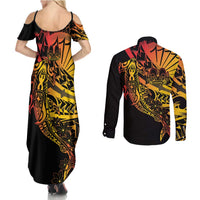 Gradient Marquesas Islands Couples Matching Summer Maxi Dress and Long Sleeve Button Shirt Marquesan Matatiki Hammerhead Shark Patutiki LT14 - Polynesian Pride