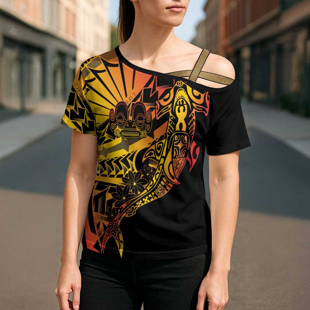 Gradient Marquesas Islands Cross Shoulder Shirt Marquesan Matatiki Hammerhead Shark Patutiki LT14 - Polynesian Pride