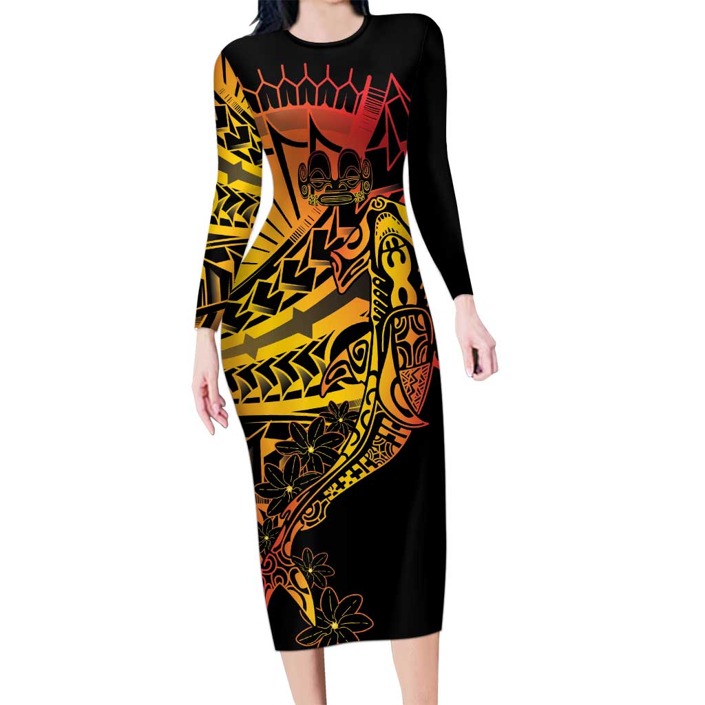 Gradient Marquesas Islands Long Sleeve Bodycon Dress Marquesan Matatiki Hammerhead Shark Patutiki LT14 Long Dress Yellow - Polynesian Pride