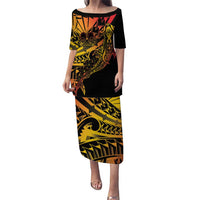Gradient Marquesas Islands Puletasi Marquesan Matatiki Hammerhead Shark Patutiki LT14 Long Dress Yellow - Polynesian Pride