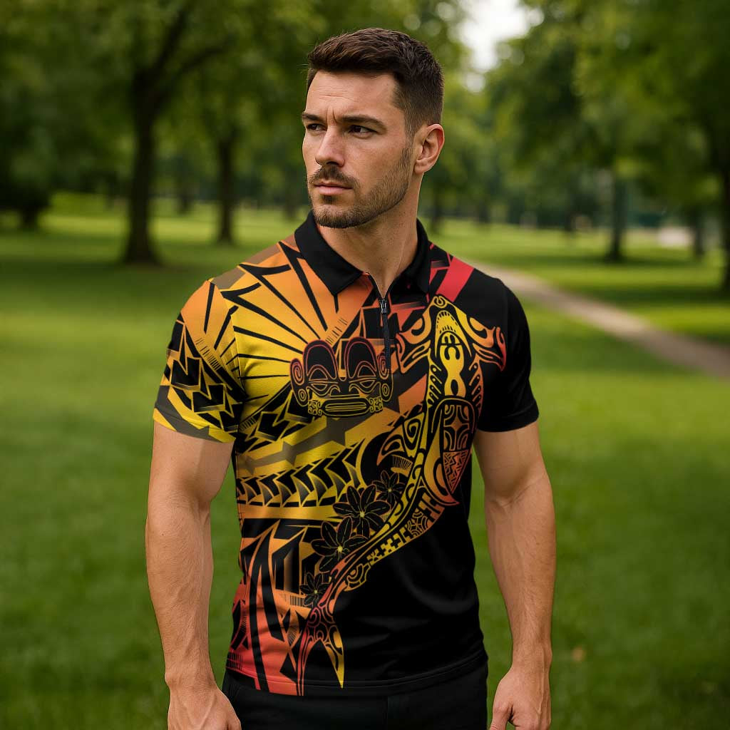 Gradient Marquesas Islands Zipper Polo Shirt Marquesan Matatiki Hammerhead Shark Patutiki LT14 - Polynesian Pride