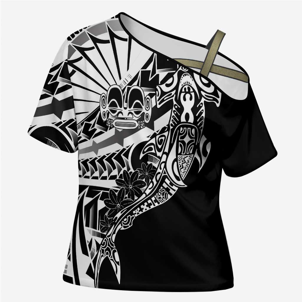 Black White Marquesas Islands Cross Shoulder Shirt Marquesan Matatiki Hammerhead Shark Patutiki LT14 Female Black - Polynesian Pride