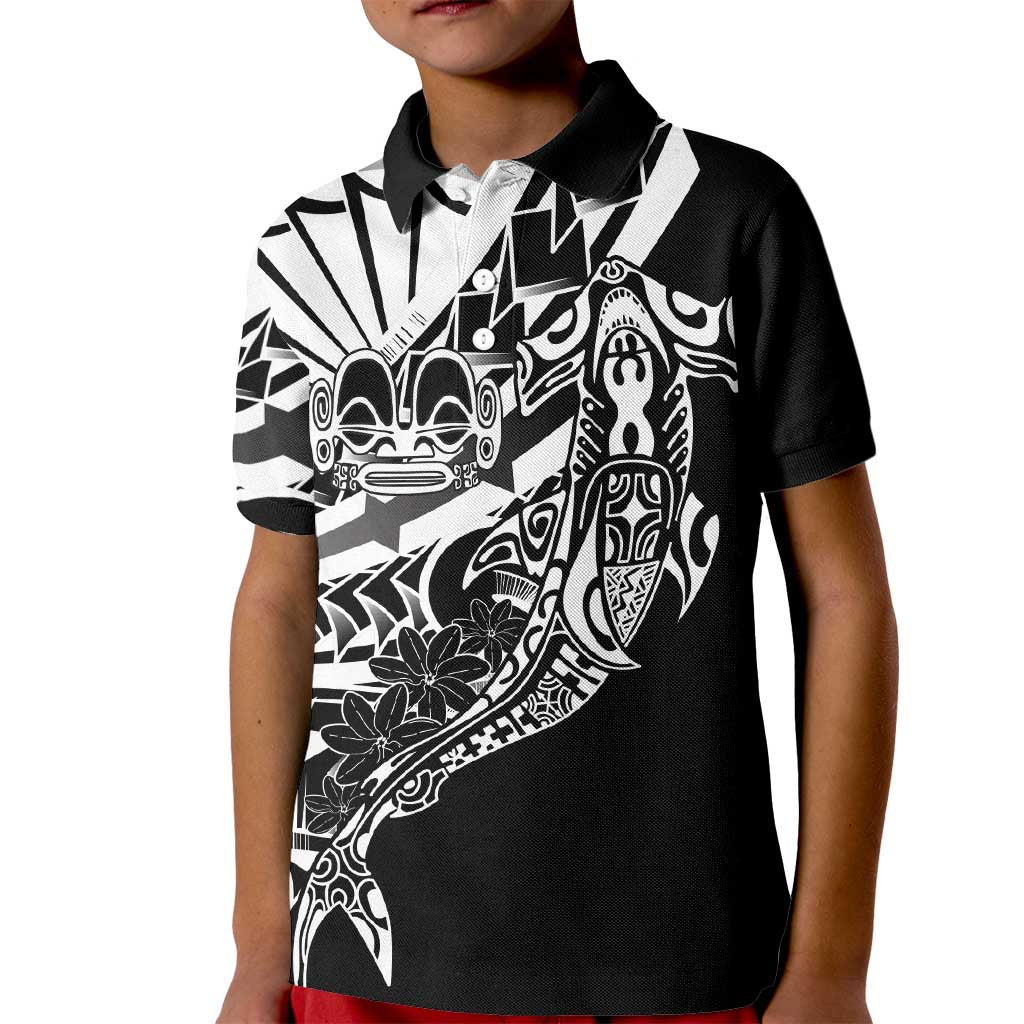 Black White Marquesas Islands Kid Polo Shirt Marquesan Matatiki Hammerhead Shark Patutiki LT14 Kid Black - Polynesian Pride