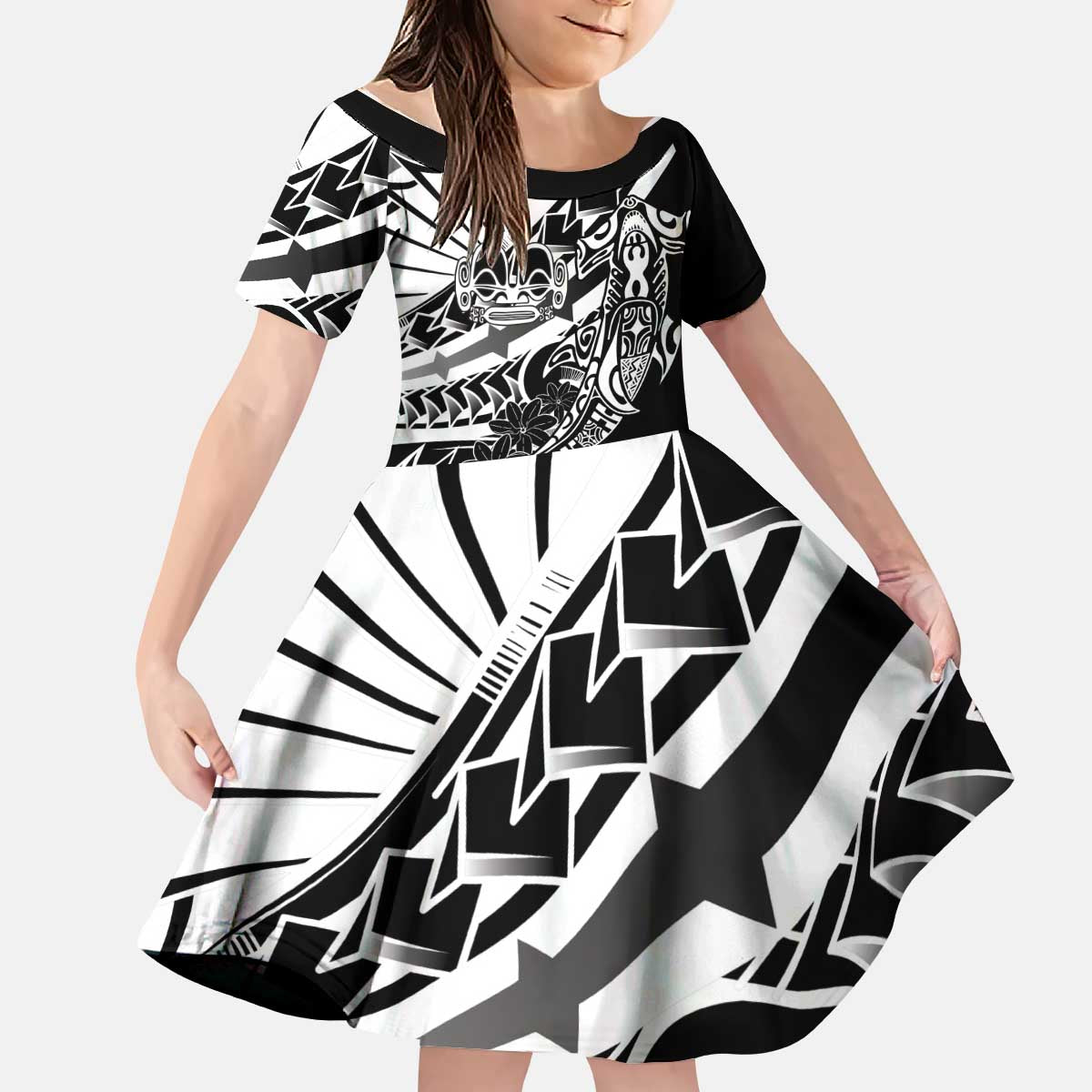 Black White Marquesas Islands Kid Short Sleeve Dress Marquesan Matatiki Hammerhead Shark Patutiki LT14 KID Black - Polynesian Pride