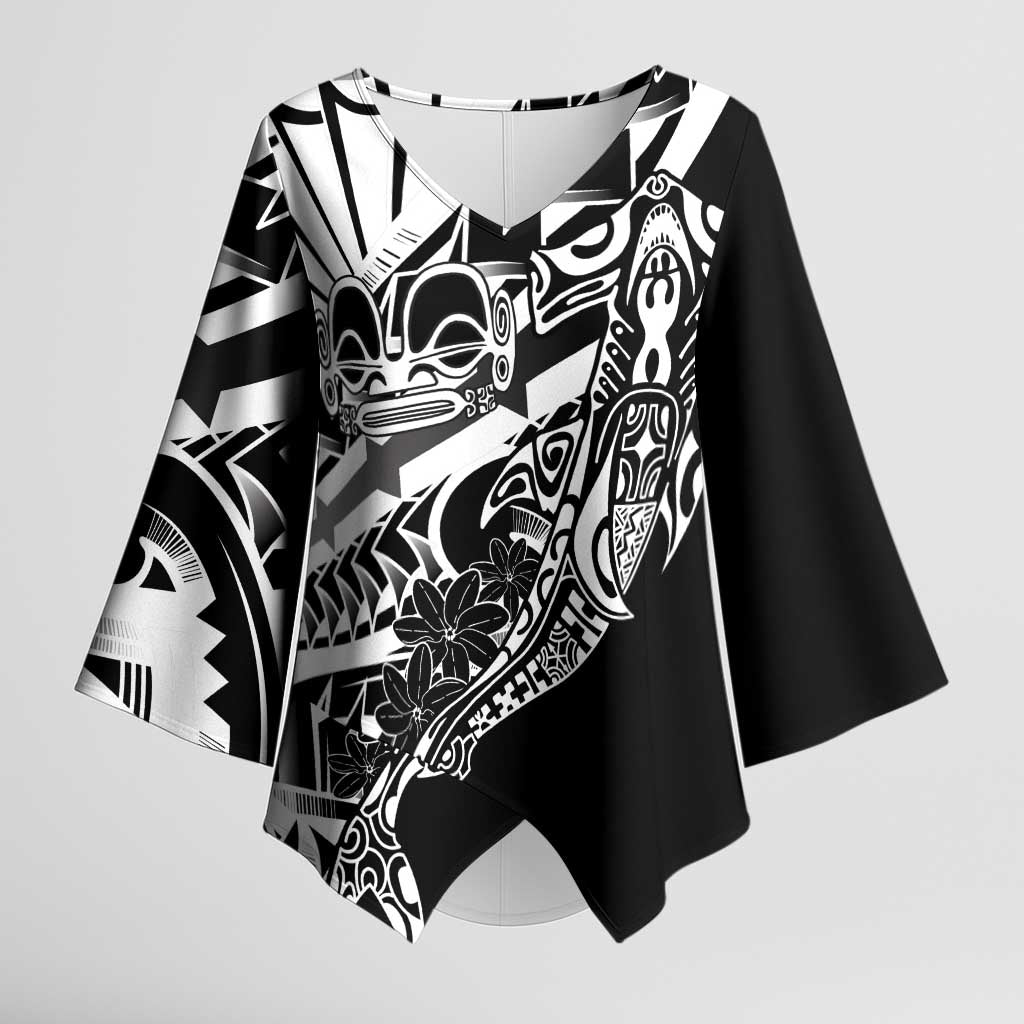 Black White Marquesas Islands Kimono Sleeve Blouse Marquesan Matatiki Hammerhead Shark Patutiki LT14 Female Black - Polynesian Pride