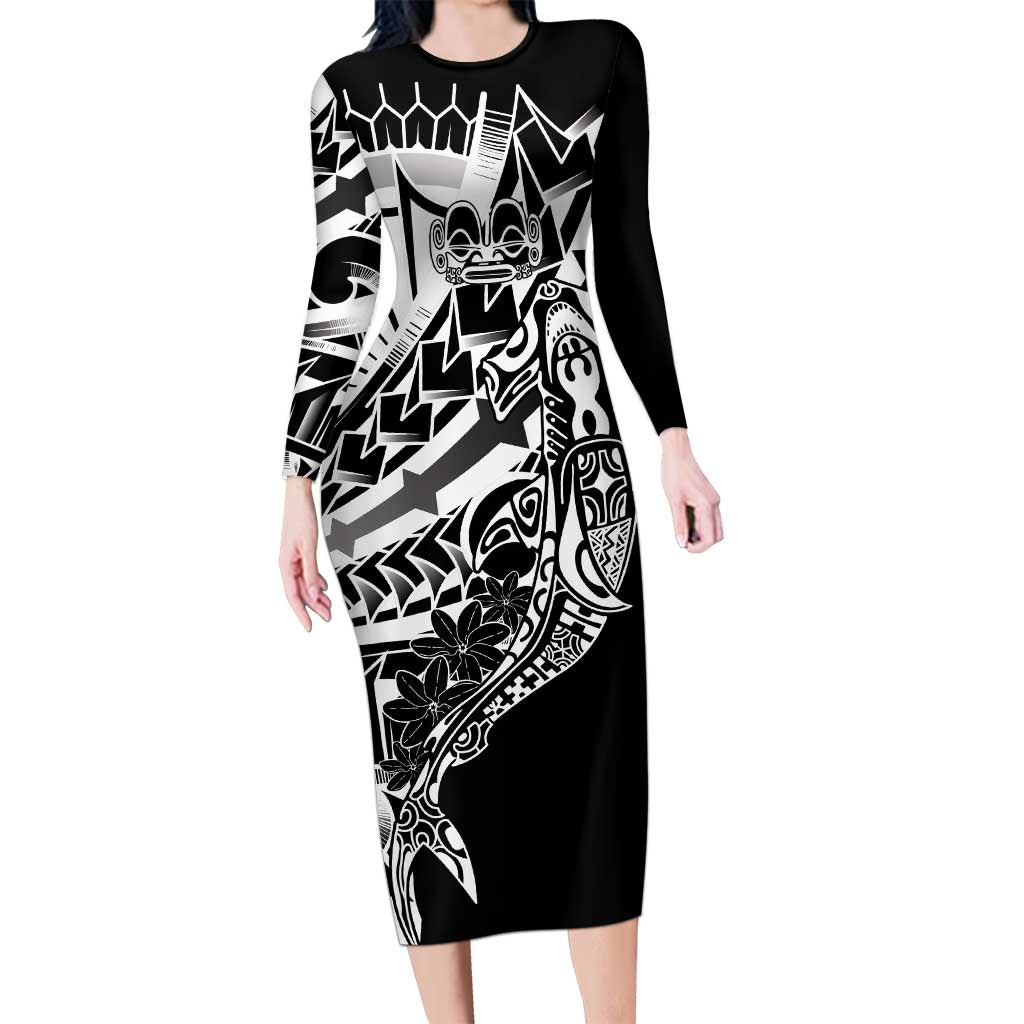 Black White Marquesas Islands Long Sleeve Bodycon Dress Marquesan Matatiki Hammerhead Shark Patutiki LT14 Long Dress Black - Polynesian Pride