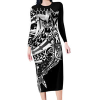Black White Marquesas Islands Long Sleeve Bodycon Dress Marquesan Matatiki Hammerhead Shark Patutiki LT14 Long Dress Black - Polynesian Pride