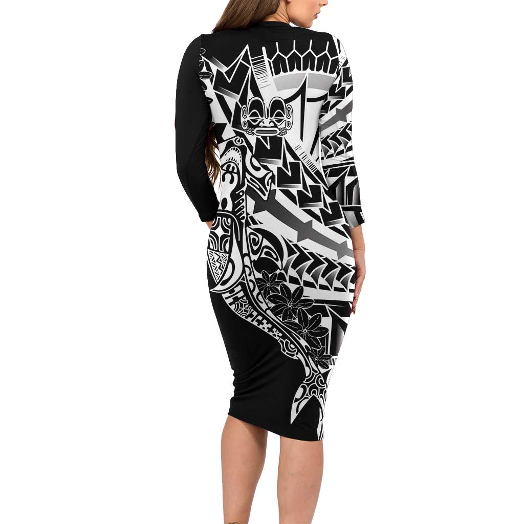 Black White Marquesas Islands Long Sleeve Bodycon Dress Marquesan Matatiki Hammerhead Shark Patutiki LT14 - Polynesian Pride