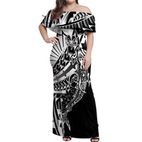 Black White Marquesas Islands Off Shoulder Maxi Dress Marquesan Matatiki Hammerhead Shark Patutiki LT14 Women Black - Polynesian Pride