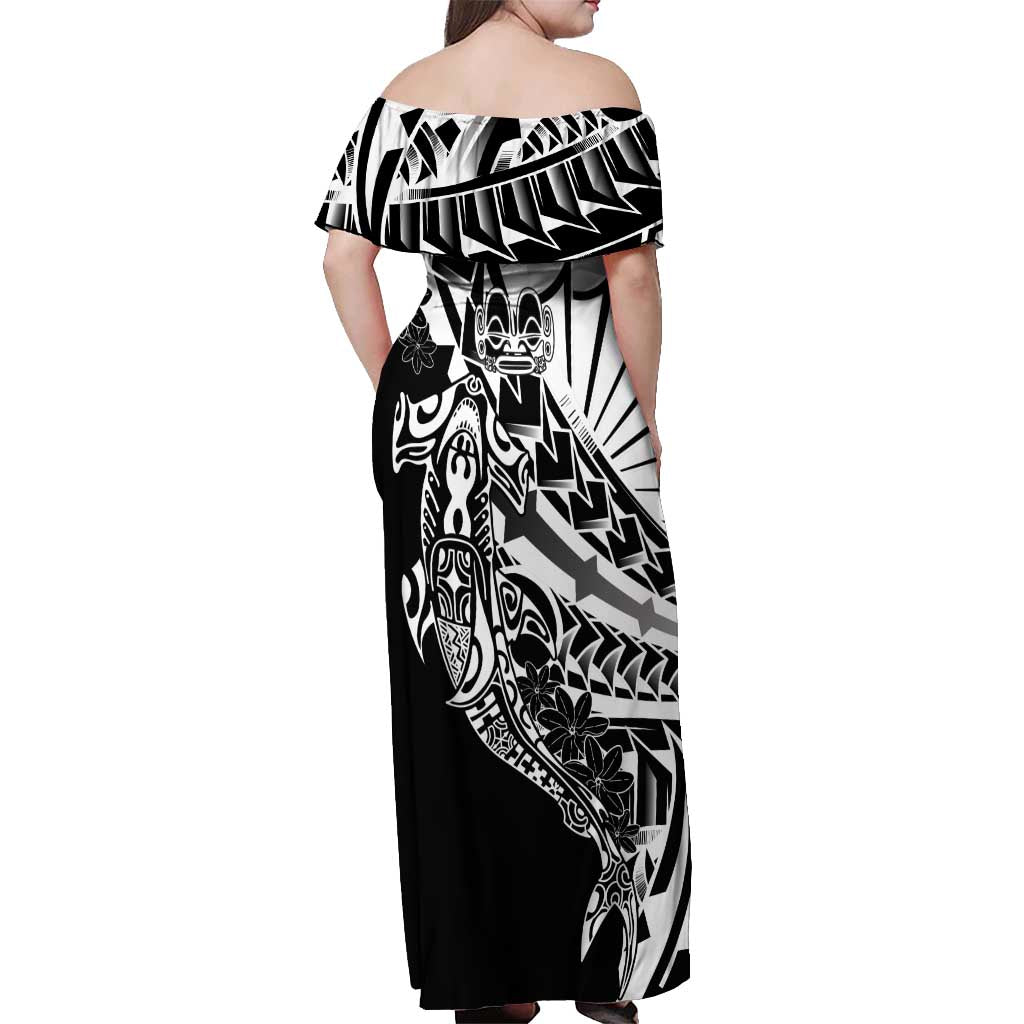 Black White Marquesas Islands Off Shoulder Maxi Dress Marquesan Matatiki Hammerhead Shark Patutiki LT14 - Polynesian Pride
