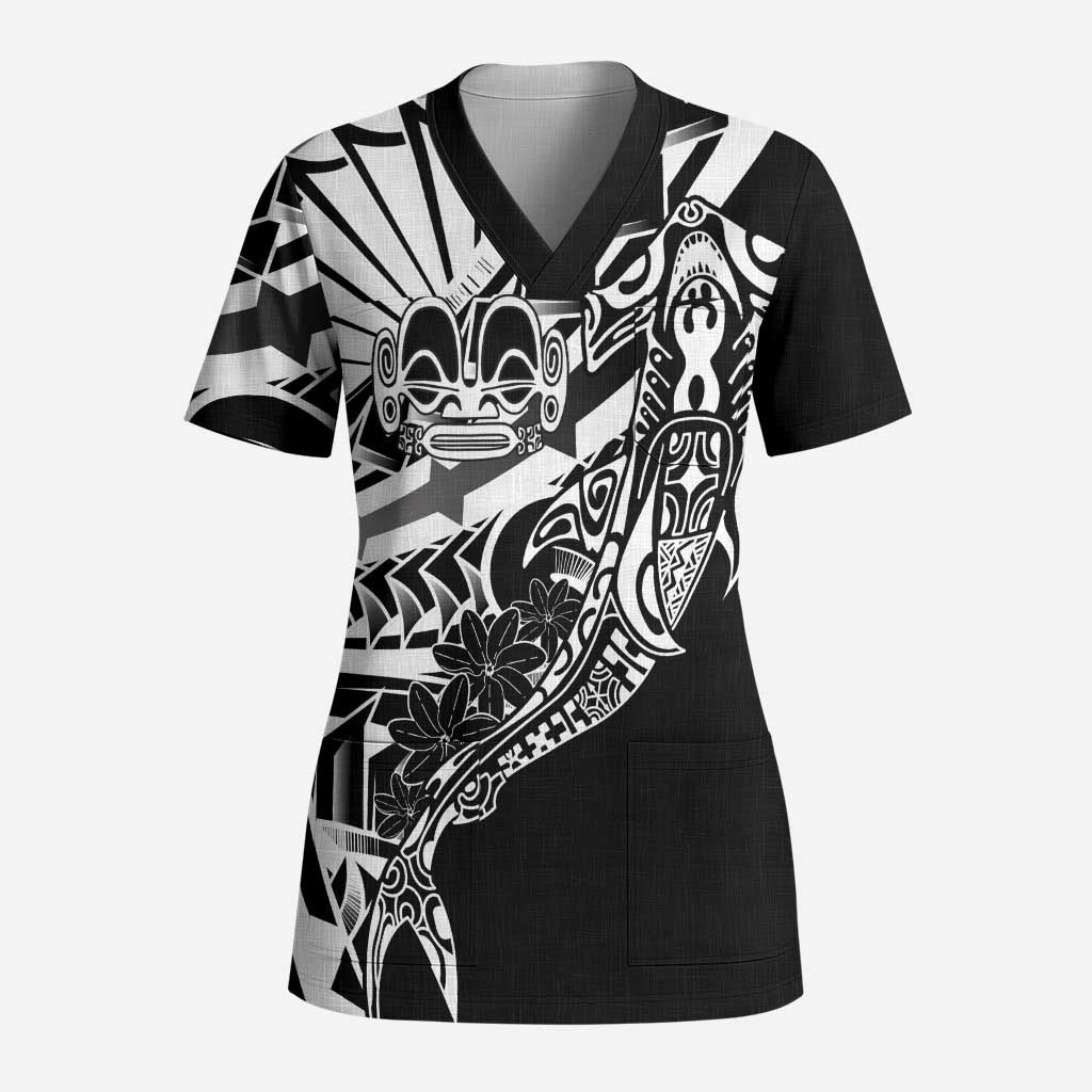 Black White Marquesas Islands Scrub Top Marquesan Matatiki Hammerhead Shark Patutiki LT14 Adult Black - Polynesian Pride