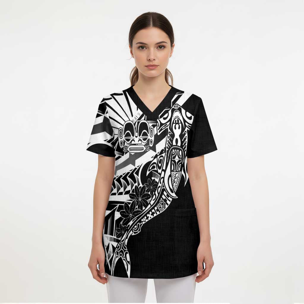 Black White Marquesas Islands Scrub Top Marquesan Matatiki Hammerhead Shark Patutiki LT14 - Polynesian Pride