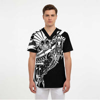 Black White Marquesas Islands Scrub Top Marquesan Matatiki Hammerhead Shark Patutiki LT14 - Polynesian Pride