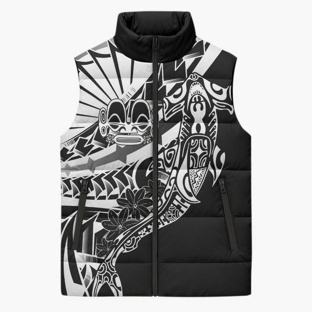 Black White Marquesas Islands Sleeveless Puffer Jacket Marquesan Matatiki Hammerhead Shark Patutiki LT14 Unisex Black - Polynesian Pride