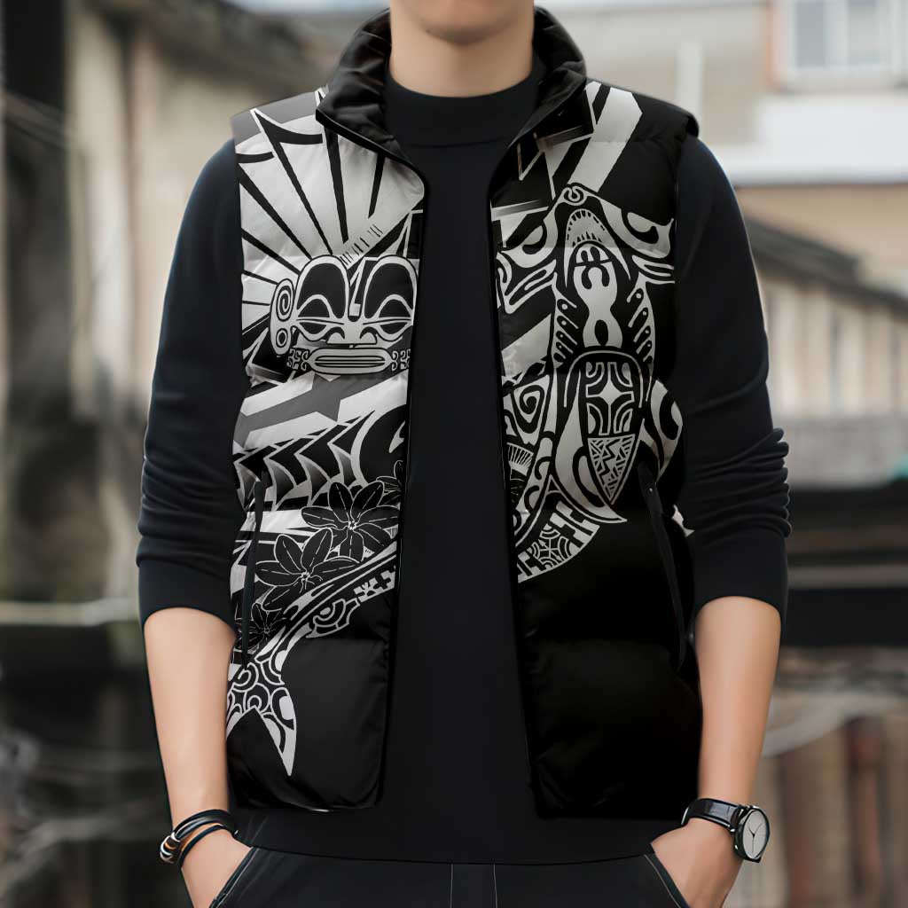 Black White Marquesas Islands Sleeveless Puffer Jacket Marquesan Matatiki Hammerhead Shark Patutiki LT14 - Polynesian Pride