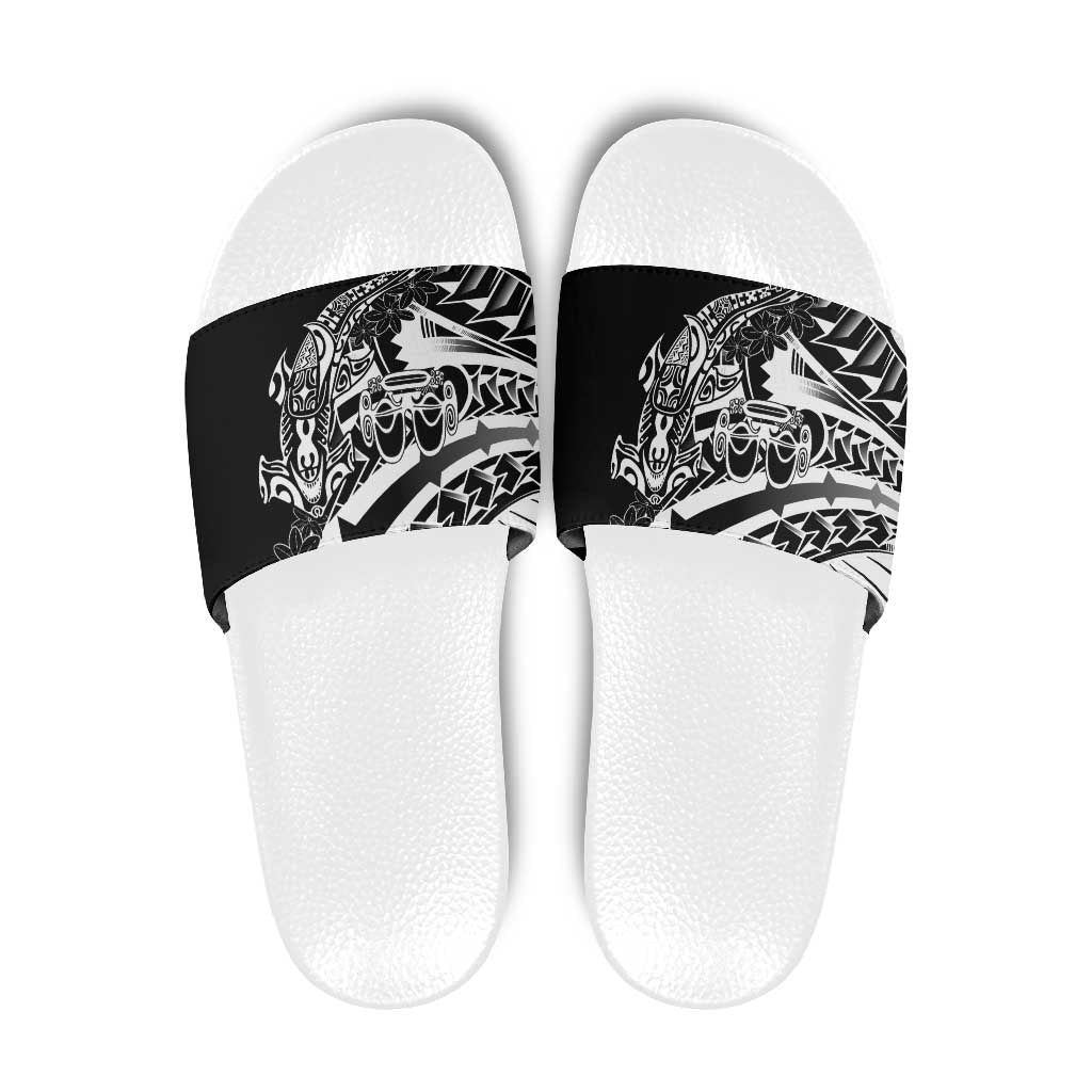 Black White Marquesas Islands Slide Sandals Marquesan Matatiki Hammerhead Shark Patutiki LT14 Black - Polynesian Pride