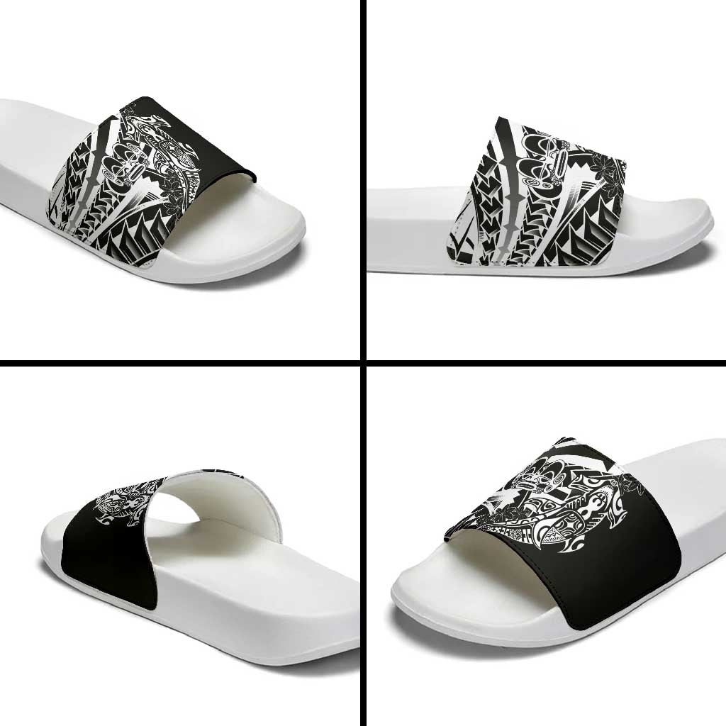 Black White Marquesas Islands Slide Sandals Marquesan Matatiki Hammerhead Shark Patutiki LT14 - Polynesian Pride