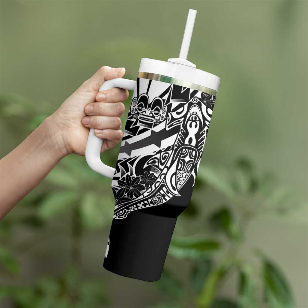 Black White Marquesas Islands Tumbler With Handle Marquesan Matatiki Hammerhead Shark Patutiki LT14 - Polynesian Pride