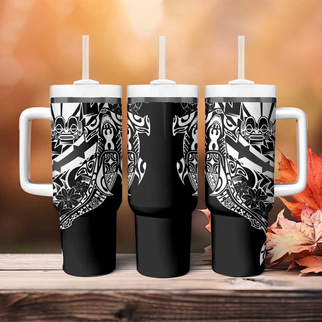 Black White Marquesas Islands Tumbler With Handle Marquesan Matatiki Hammerhead Shark Patutiki LT14 - Polynesian Pride