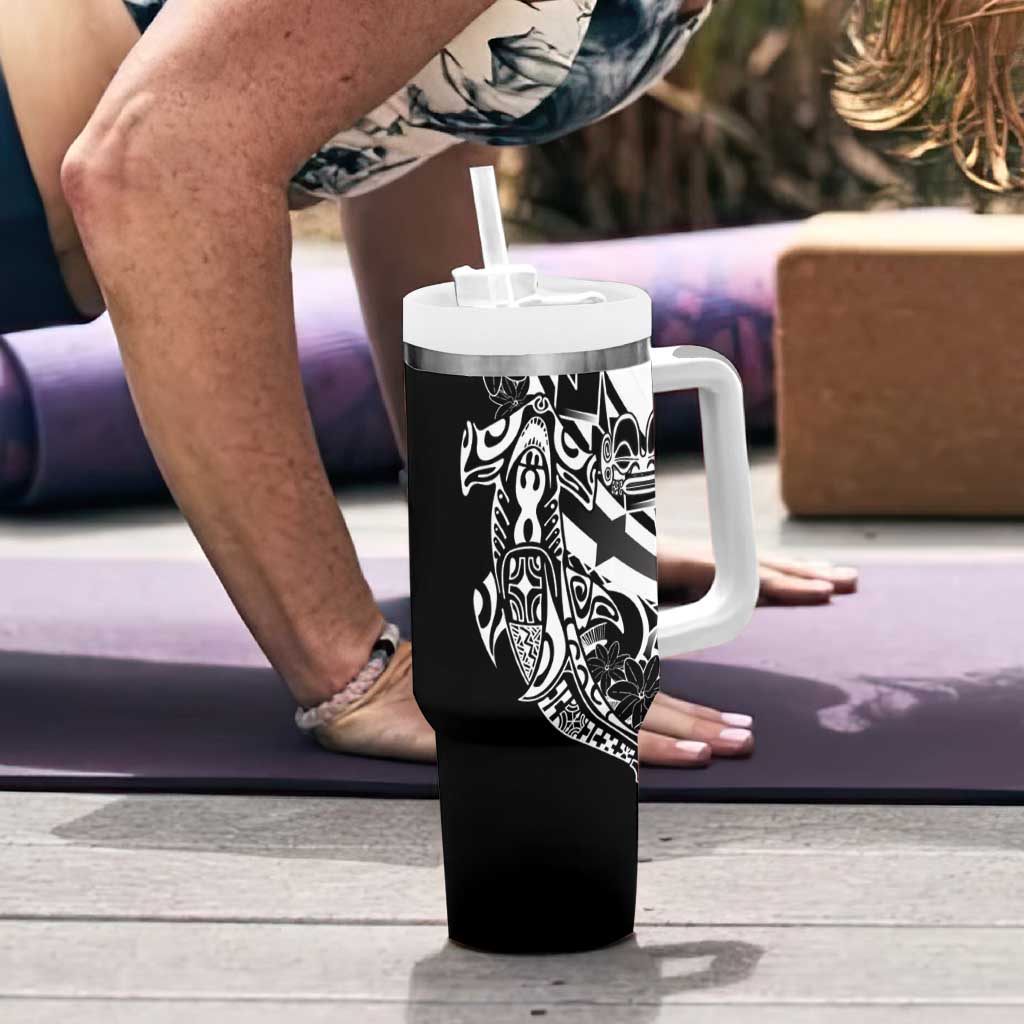 Black White Marquesas Islands Tumbler With Handle Marquesan Matatiki Hammerhead Shark Patutiki LT14 - Polynesian Pride
