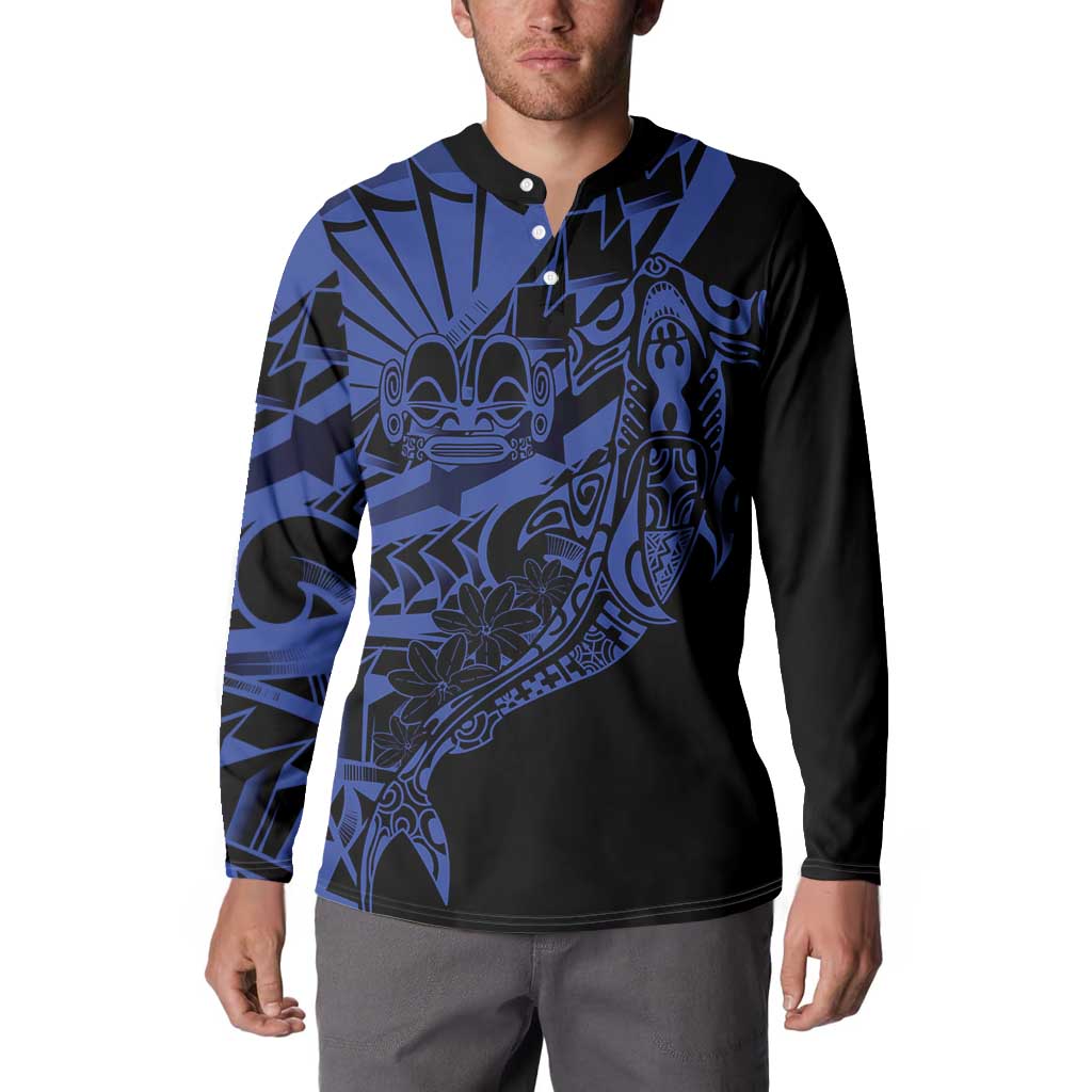 Blue Marquesas Islands Button Sweatshirt Marquesan Matatiki Hammerhead Shark Patutiki LT14 - Polynesian Pride