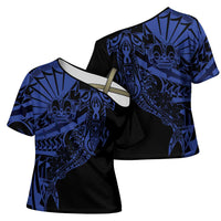 Blue Marquesas Islands Cross Shoulder Shirt Marquesan Matatiki Hammerhead Shark Patutiki LT14 - Polynesian Pride