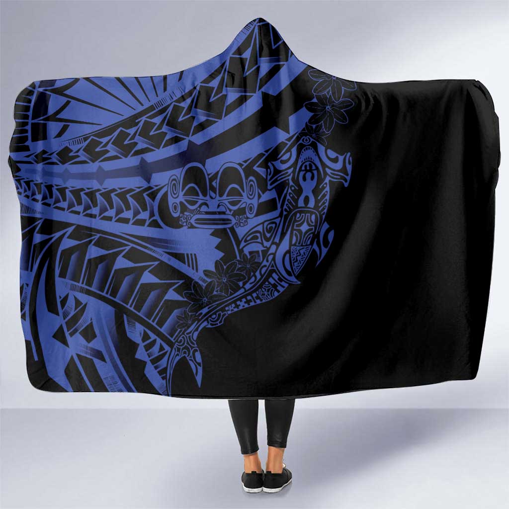 Blue Marquesas Islands Hooded Blanket Marquesan Matatiki Hammerhead Shark Patutiki LT14 One Size Blue - Polynesian Pride