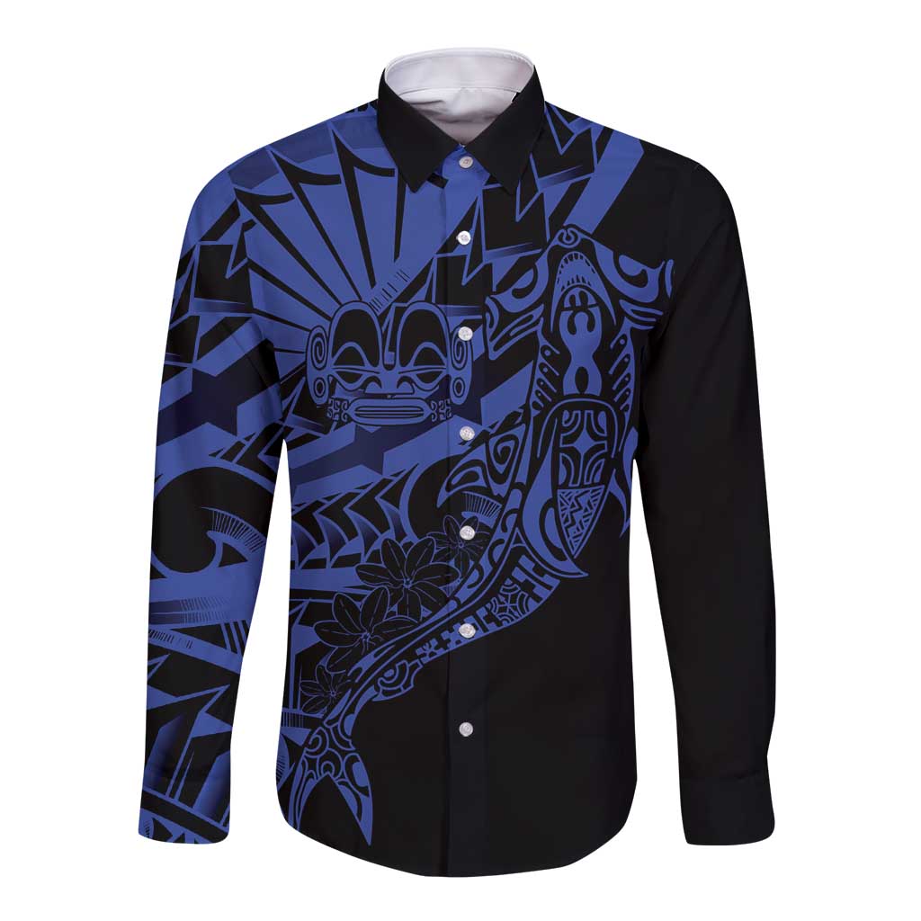 Blue Marquesas Islands Long Sleeve Button Shirt Marquesan Matatiki Hammerhead Shark Patutiki LT14 Unisex Blue - Polynesian Pride