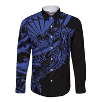 Blue Marquesas Islands Long Sleeve Button Shirt Marquesan Matatiki Hammerhead Shark Patutiki LT14 Unisex Blue - Polynesian Pride