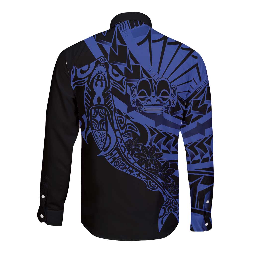 Blue Marquesas Islands Long Sleeve Button Shirt Marquesan Matatiki Hammerhead Shark Patutiki LT14 - Polynesian Pride