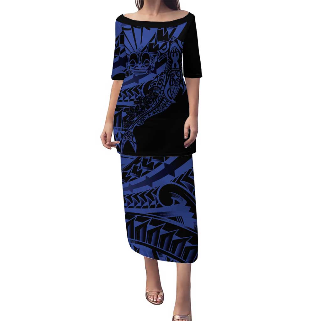 Blue Marquesas Islands Puletasi Marquesan Matatiki Hammerhead Shark Patutiki LT14 Long Dress Blue - Polynesian Pride