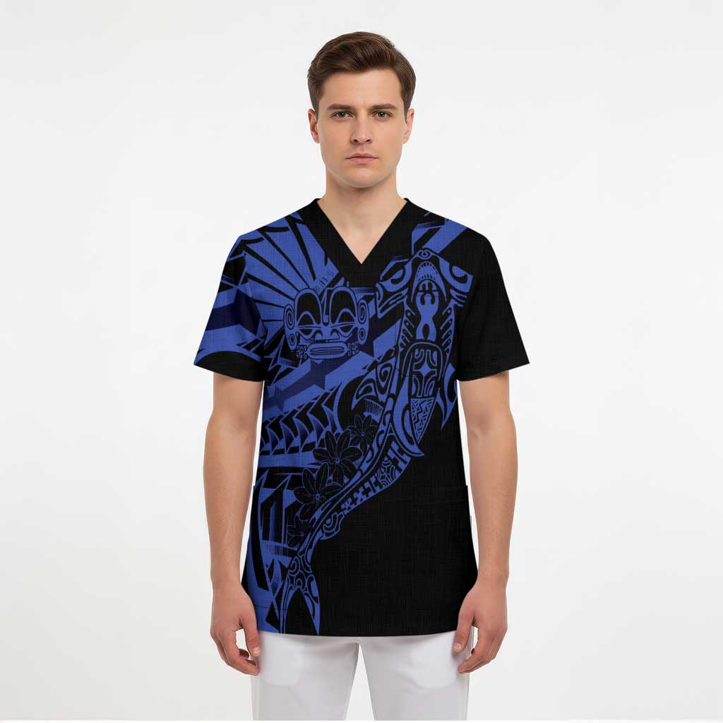 Blue Marquesas Islands Scrub Top Marquesan Matatiki Hammerhead Shark Patutiki LT14 - Polynesian Pride