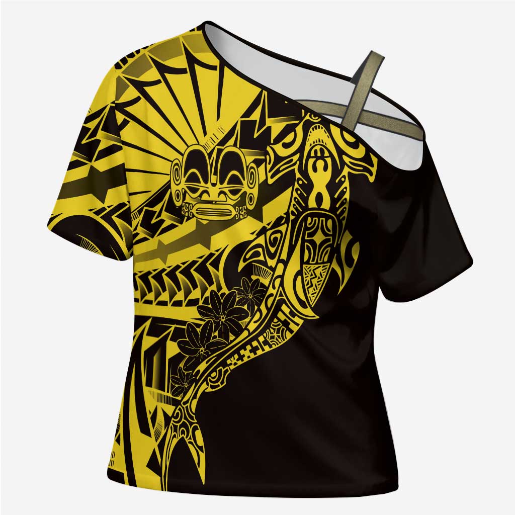 Yellow Marquesas Islands Cross Shoulder Shirt Marquesan Matatiki Hammerhead Shark Patutiki LT14 Female Yellow - Polynesian Pride