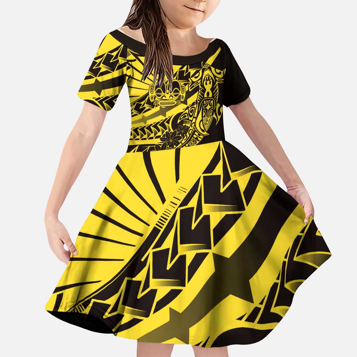 Yellow Marquesas Islands Kid Short Sleeve Dress Marquesan Matatiki Hammerhead Shark Patutiki LT14 KID Yellow - Polynesian Pride