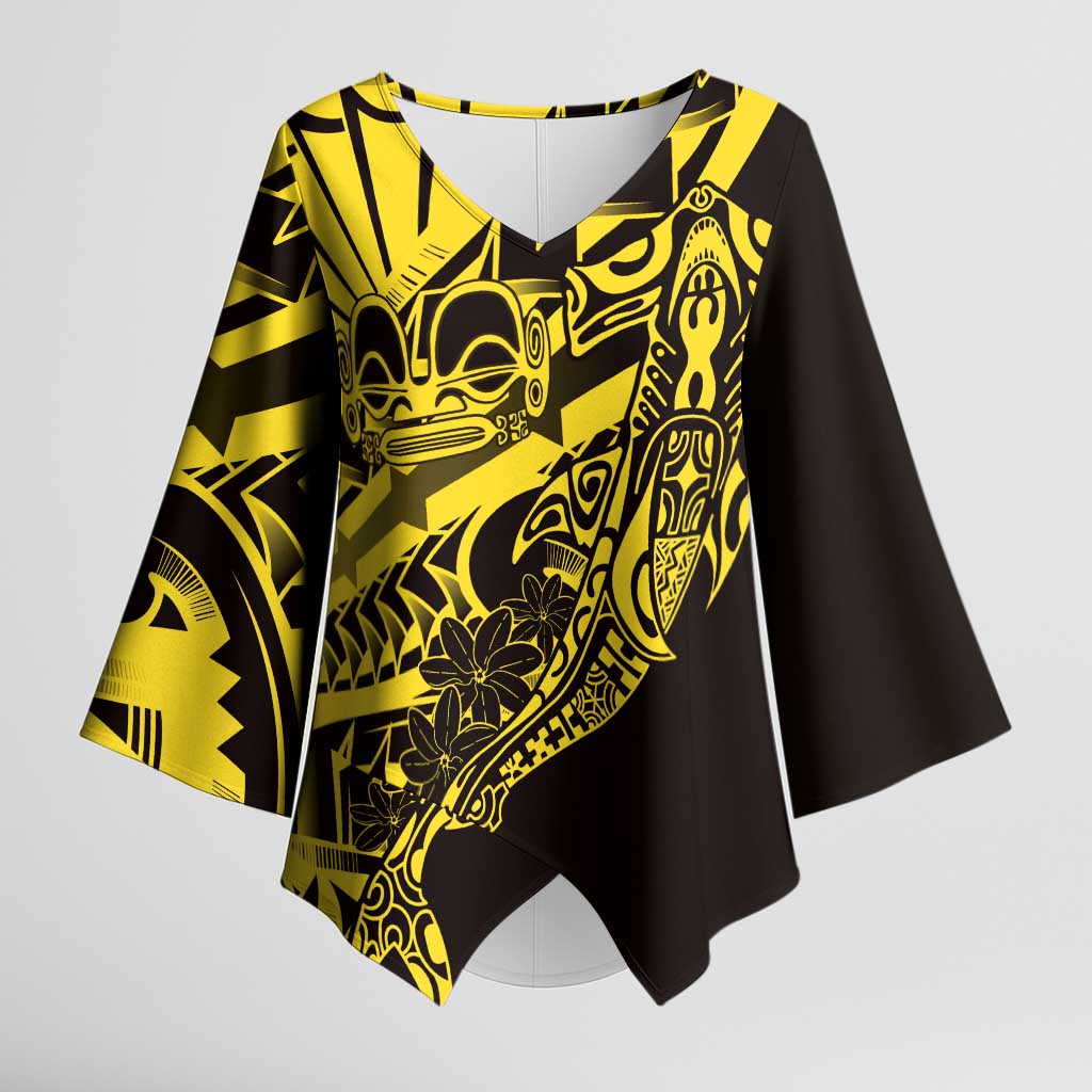 Yellow Marquesas Islands Kimono Sleeve Blouse Marquesan Matatiki Hammerhead Shark Patutiki LT14 Female Yellow - Polynesian Pride