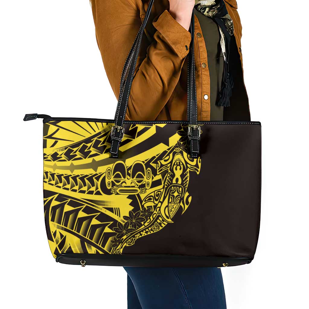 Yellow Marquesas Islands Leather Tote Bag Marquesan Matatiki Hammerhead Shark Patutiki LT14 - Polynesian Pride